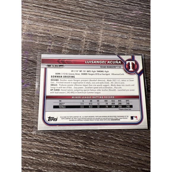Luisangel Acuna 2022 Bowman Chrome Sapphire Auto #BCP-72 - Gold On Card Auto - Picture 2 of 2